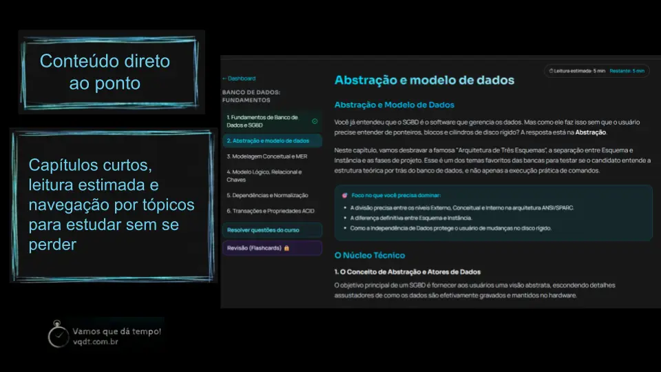 Tela desktop de capítulo do VQDT com navegação lateral e conteúdo da aula.