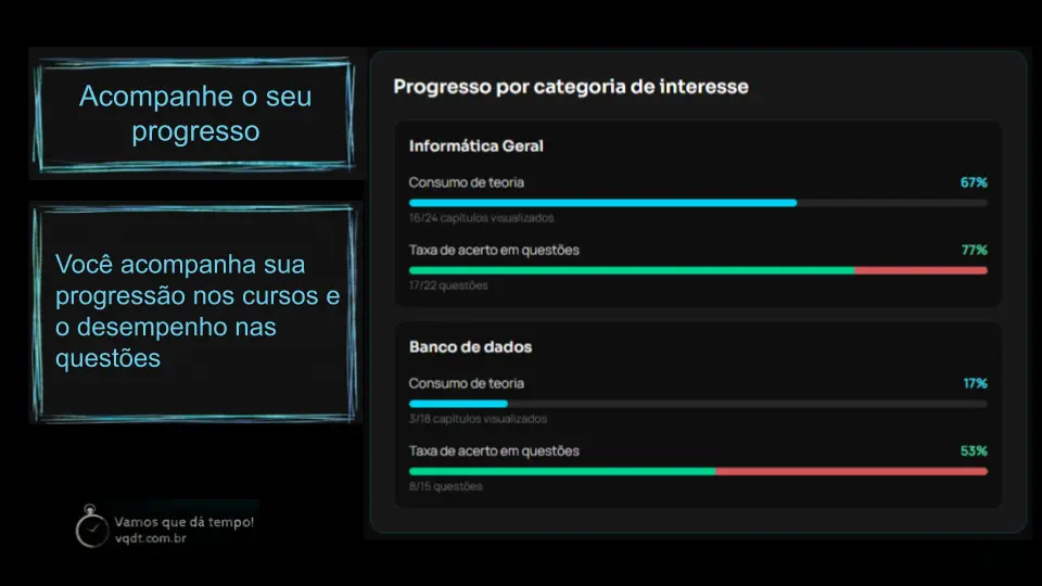 Tela de desempenho do VQDT com progresso por categoria de interesse.