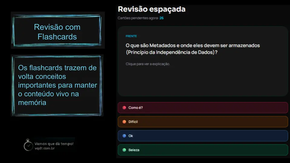 Tela de revisão do VQDT mostrando a frente de um flashcard.