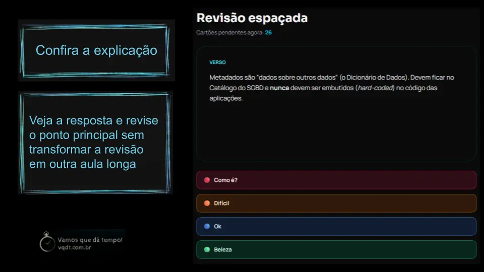 Tela de revisão do VQDT mostrando o verso do flashcard e opções de avaliação.